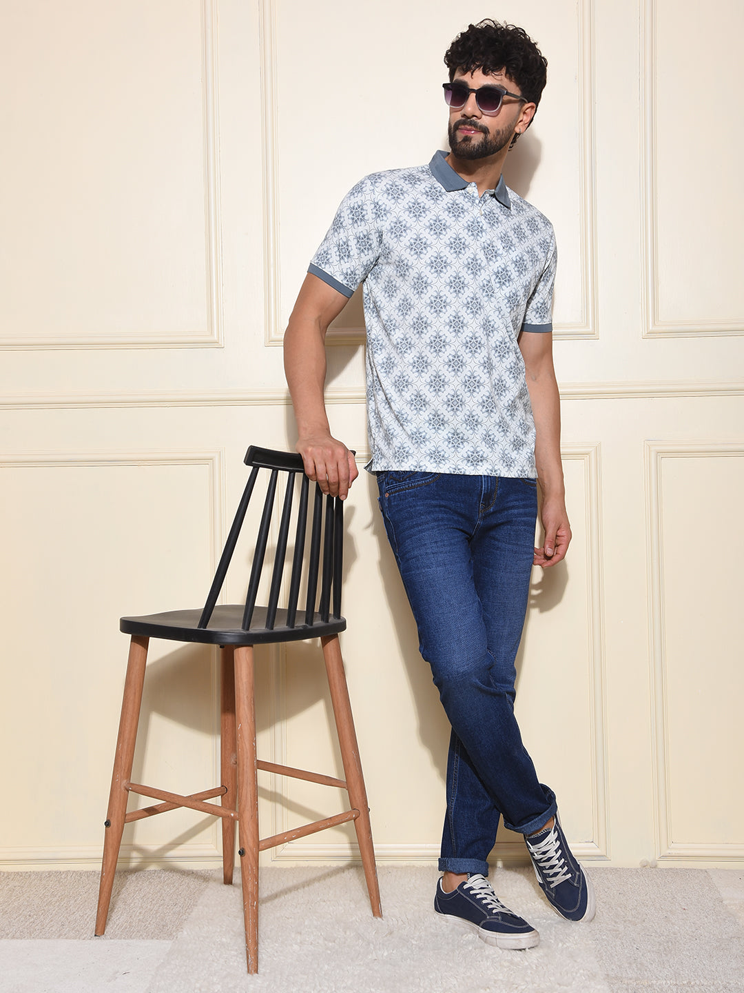 Blue Printed Polo-Neck T-Shirt
