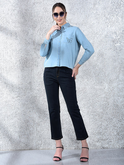 Blue Embroidered 100% Cotton Denim Shirt