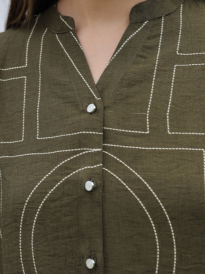 Olive Graphic Print V-Neck Shirt