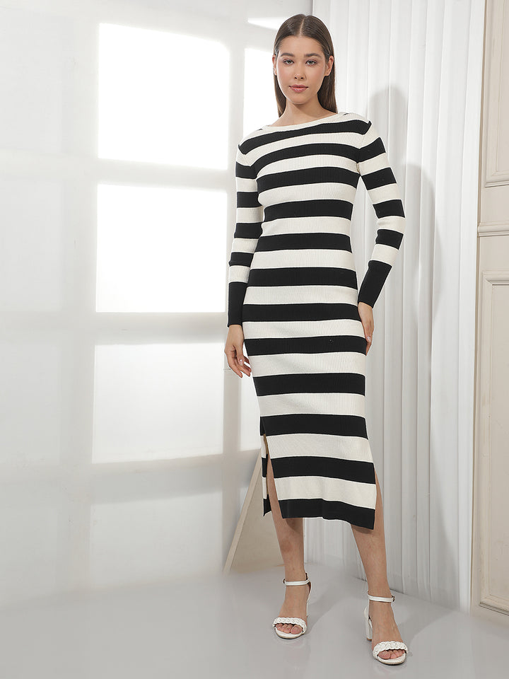 Black Horizontal Striped Bodycon Knitted Midi-Dress