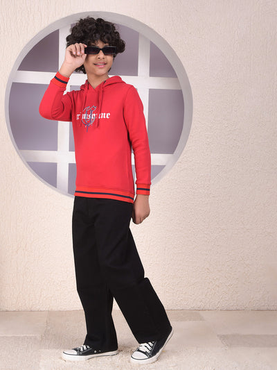Red Typographic Print Hooded Neck Sweatshirt