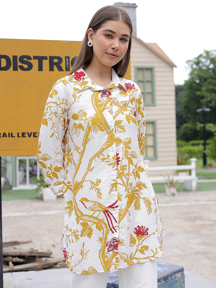 Mustard Floral Print Mid-Thigh Length Shirt