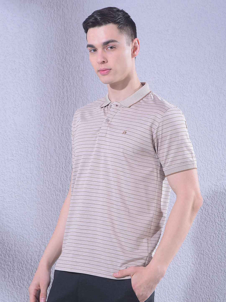 Beige Horizontal Stripes Polo Neck T-Shirt