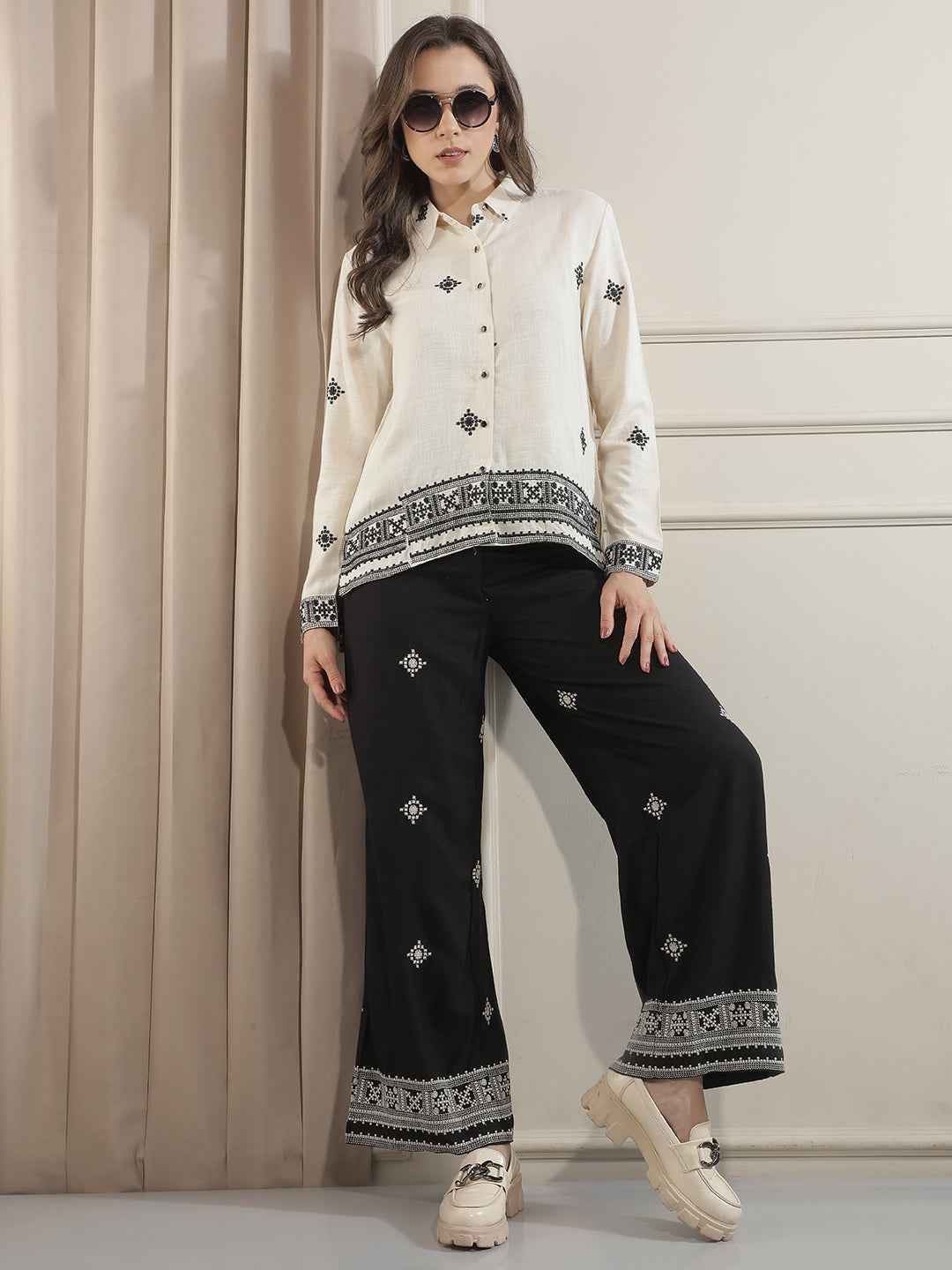 Black Embroidered Wide Leg Trousers