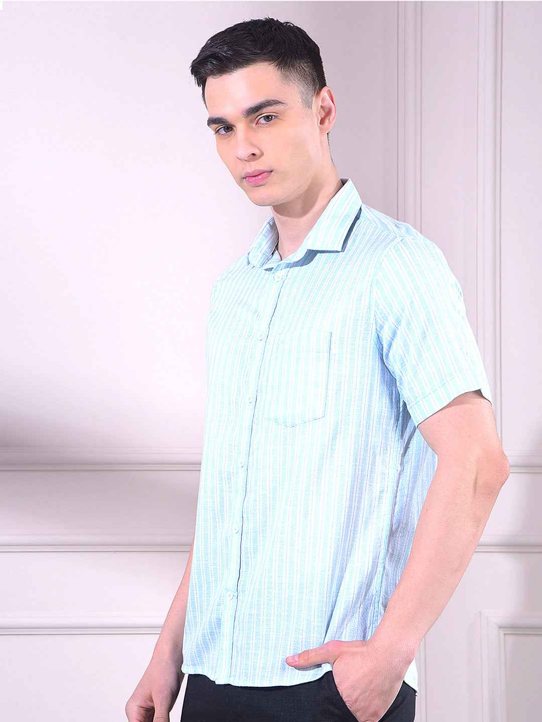 Green 100% Cotton Vertical Stripes Shirt
