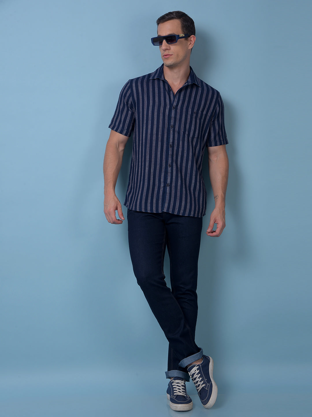 Navy Blue Vertical Stripes 100% Cotton Shirt