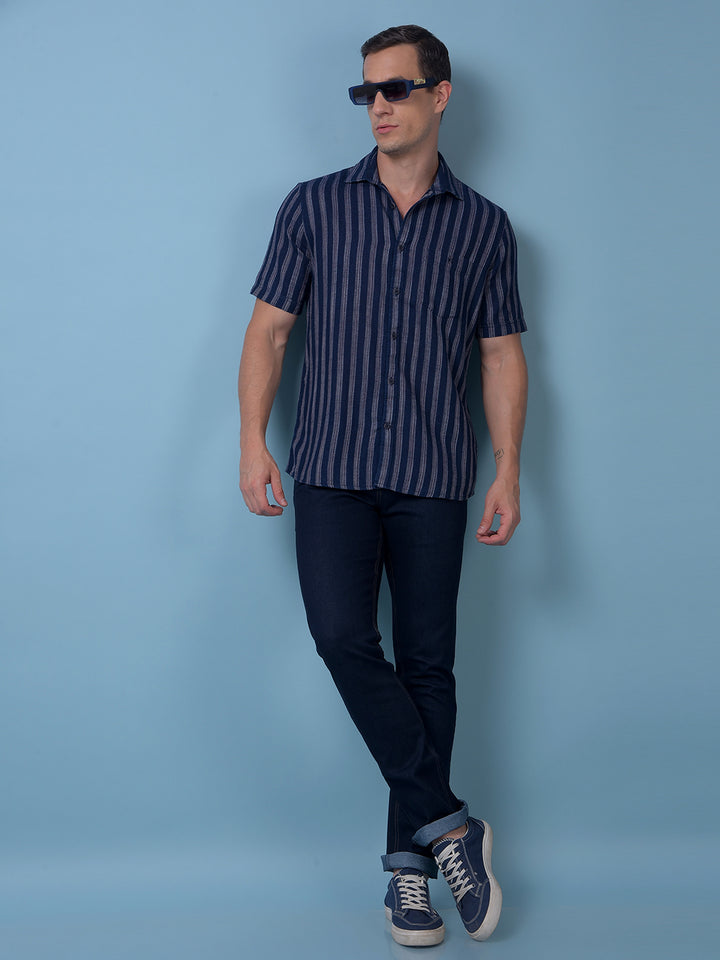 Navy Blue Vertical Stripes 100% Cotton Shirt