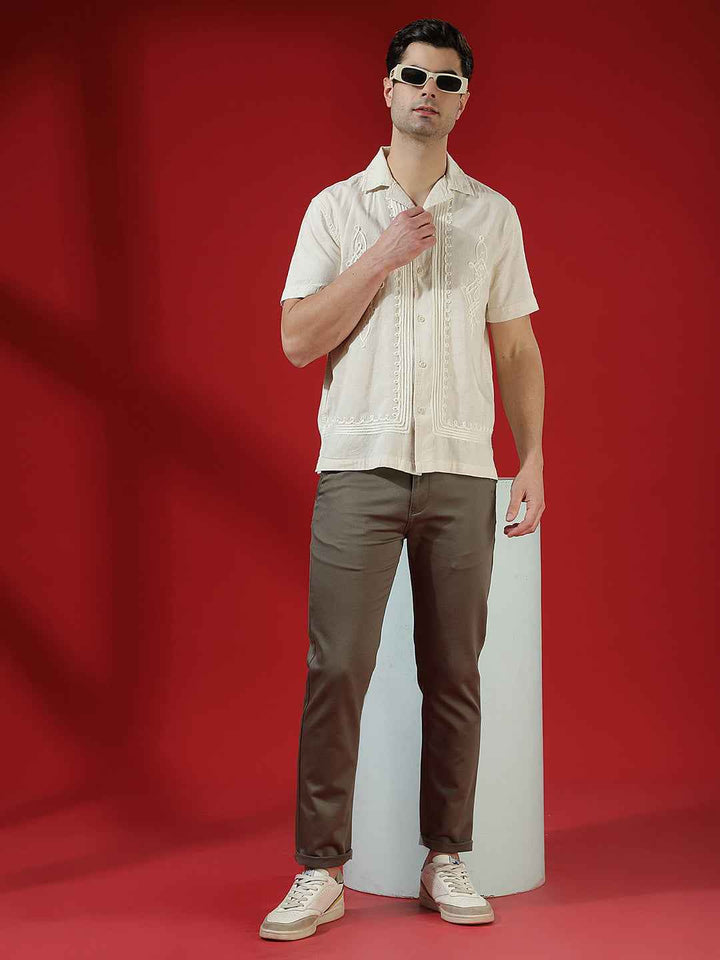 Beige Embroidered Resort-Collar Linen Shirt