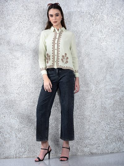 Green Embroidered 100% Cotton Shirt
