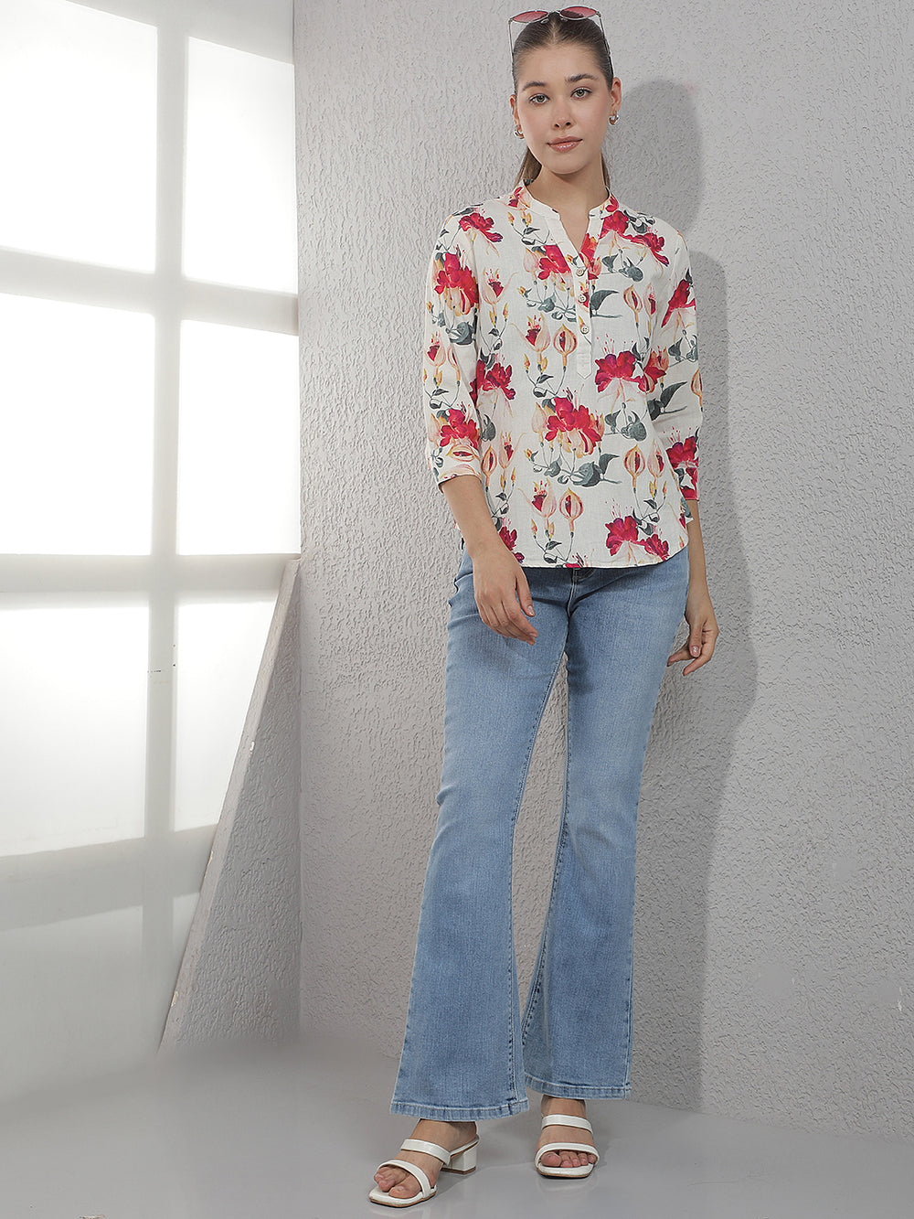 Multi-Color Floral Print Linen Top
