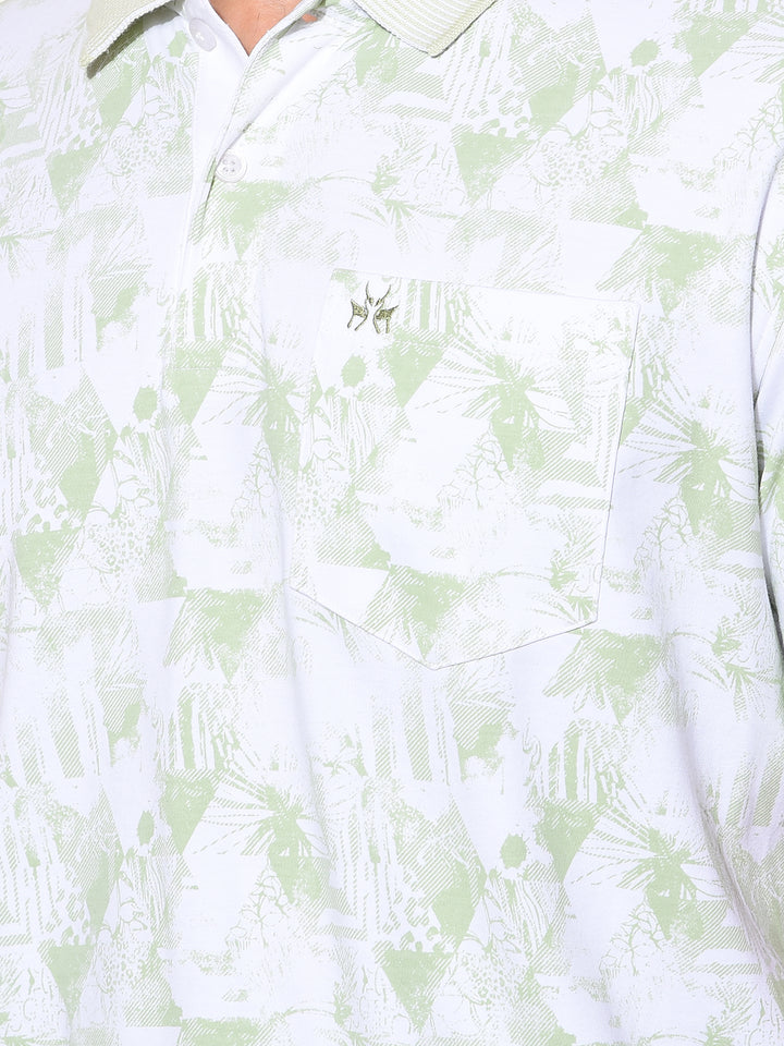 Green Floral Print Polo Neck 100% Cotton T-Shirt
