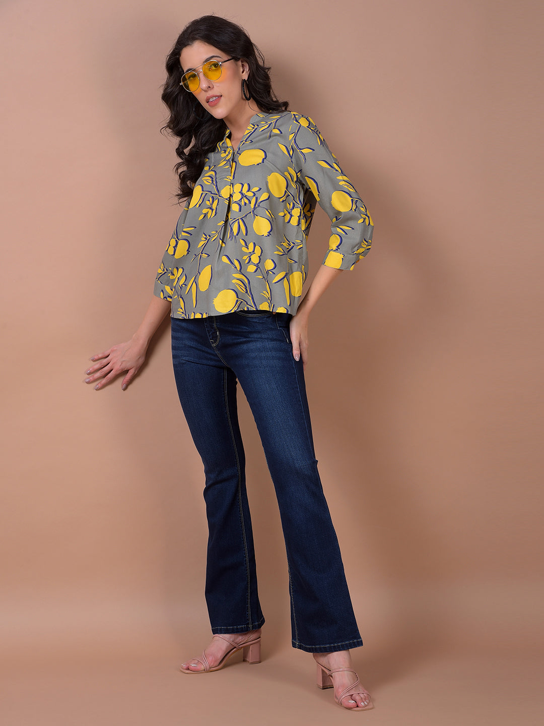 Yellow Floral Print V-Neck Top