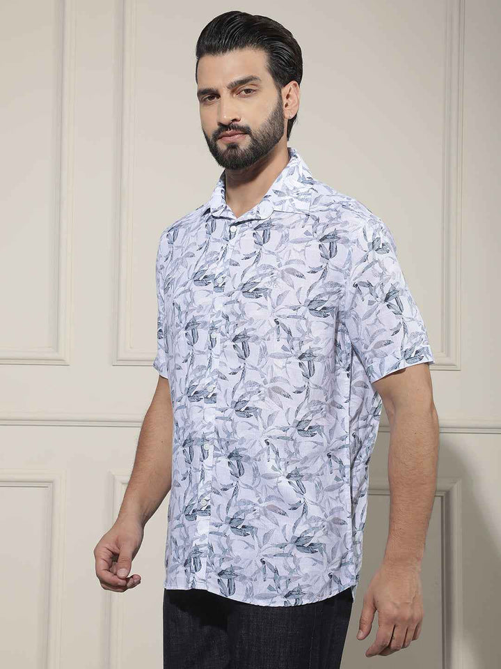 Blue Floral Print Linen Shirt