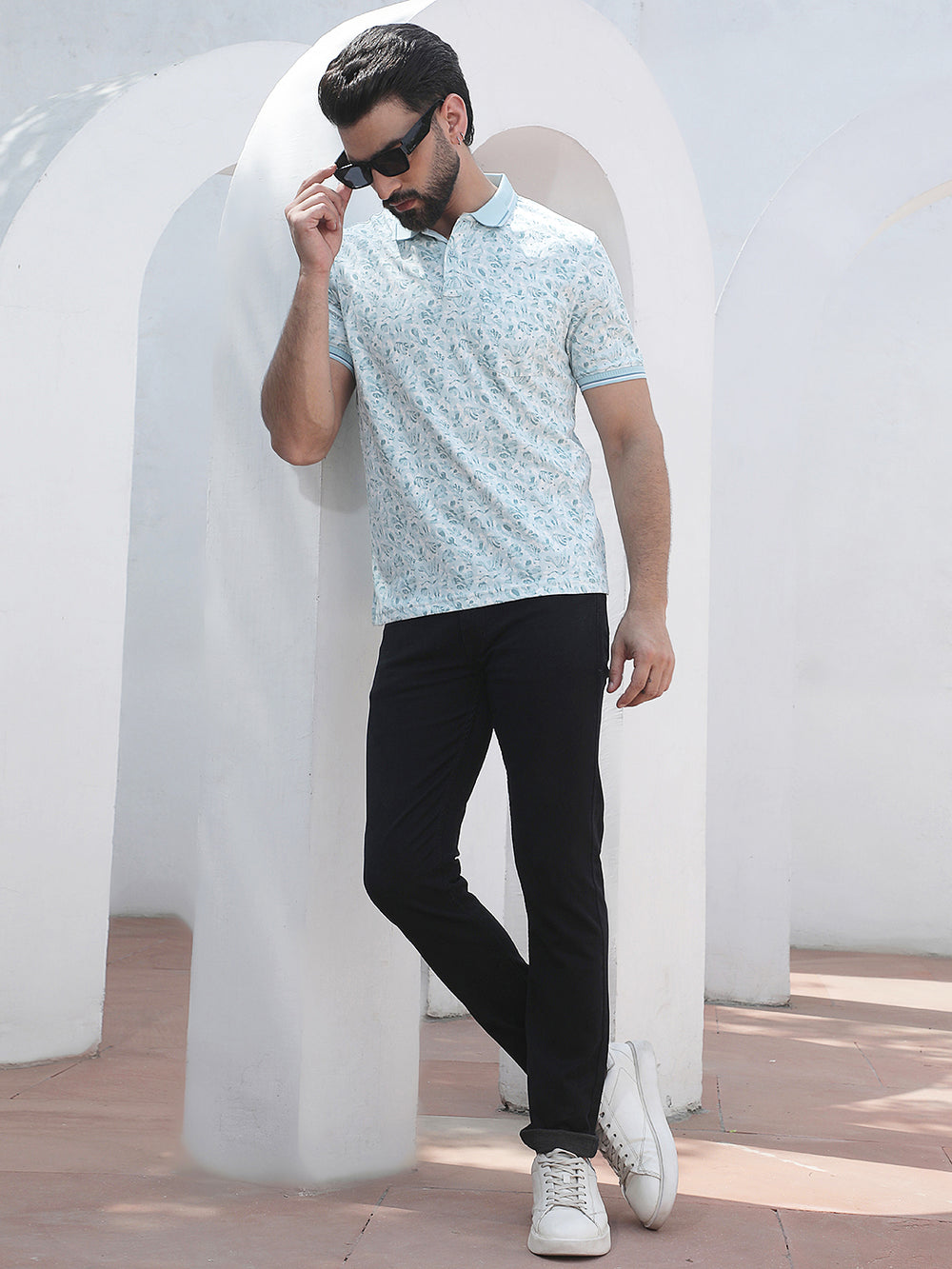 Blue Botanical Print Polo Neck T-Shirt