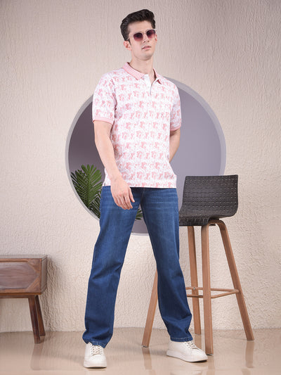 Pink Printed Polo Neck 100% Cotton T-Shirt