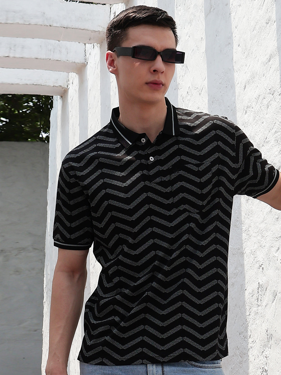 Black Printed Polo Neck 100% Cotton T-Shirt