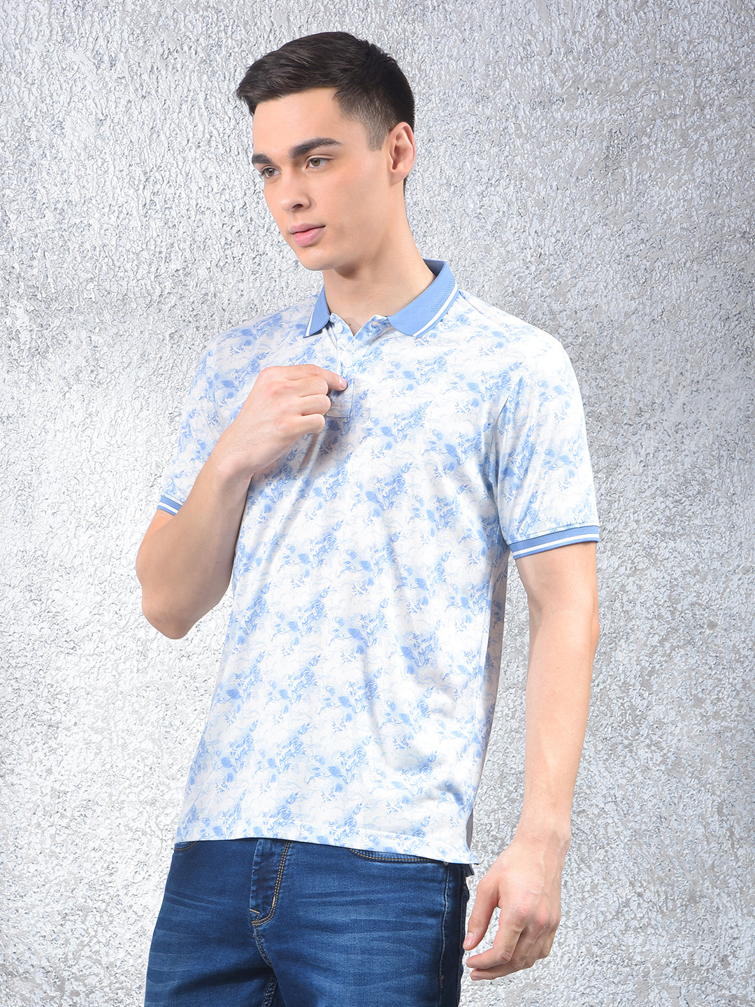 Blue Floral Print Polo Neck T-Shirt