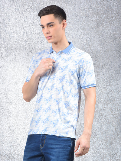 Blue Floral Print Polo Neck T-Shirt