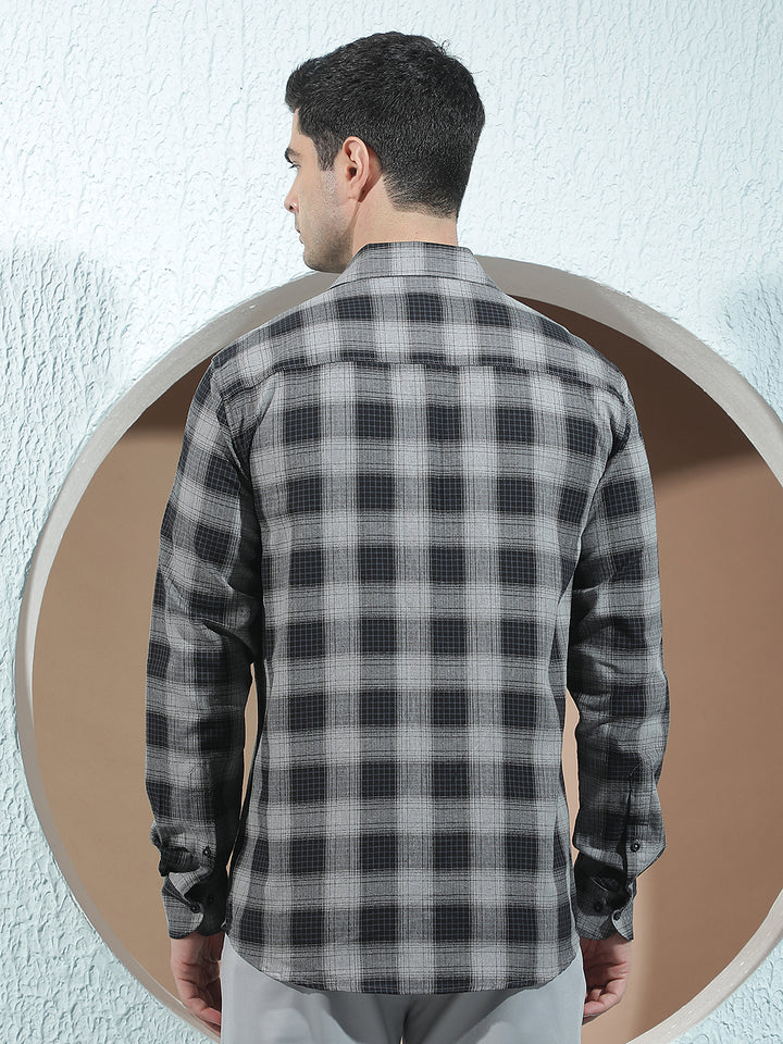 Navy Blue 100% Cotton Checked Shirt