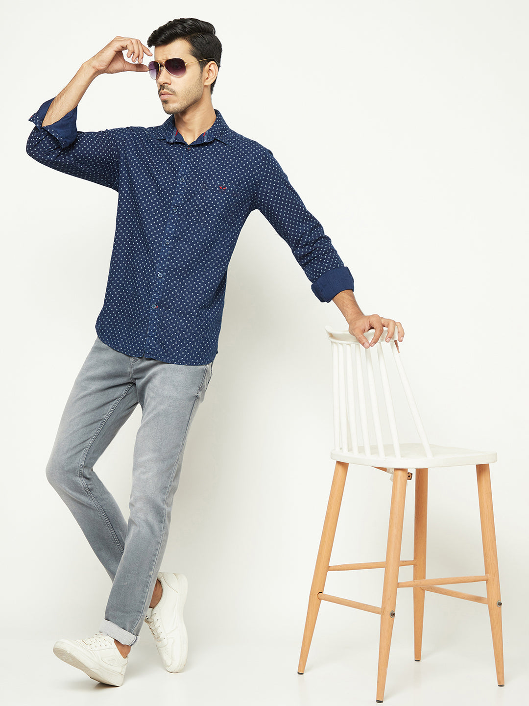 Navy Blue Floral Print 100% Cotton Shirt