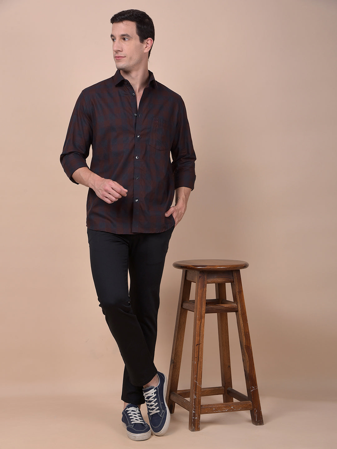 Brown Checked 100% Cotton Shirt
