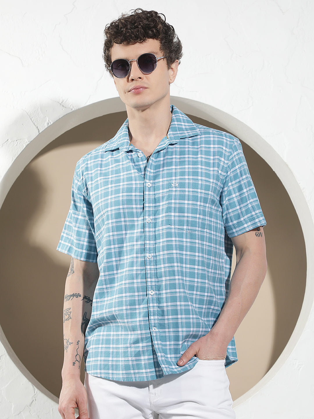 Structured Ocean Blue Checked Shirt