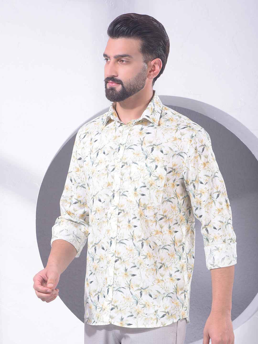 Green Floral Print Linen Shirt