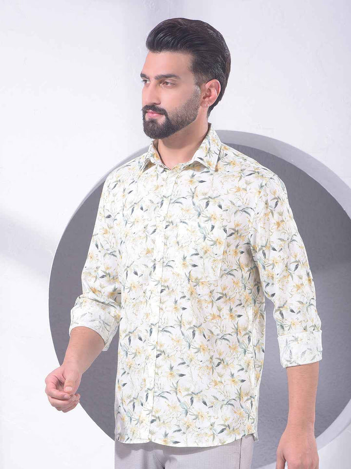 Green Floral Print Linen Shirt
