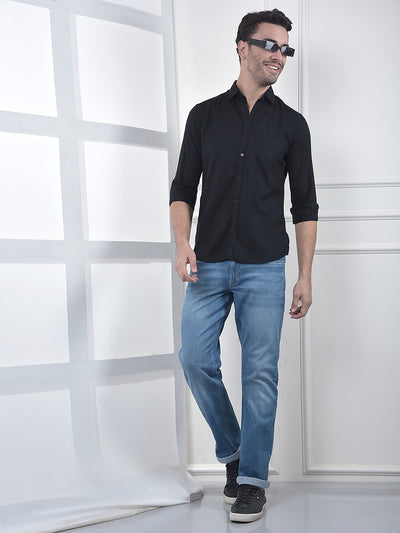 Black Linen Blend Casual Shirt