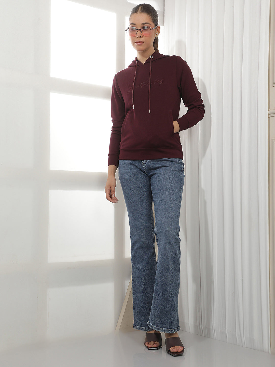 Wine Typographic Print Hooded Sweatshirt
