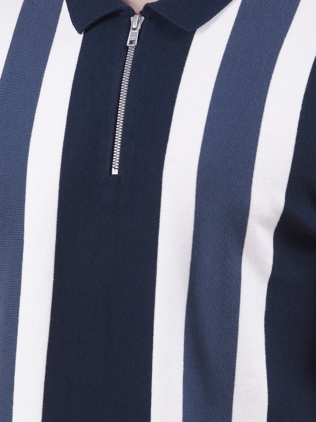 Navy Blue Vertical Stripes Polo Neck 100% Cotton T-Shirt