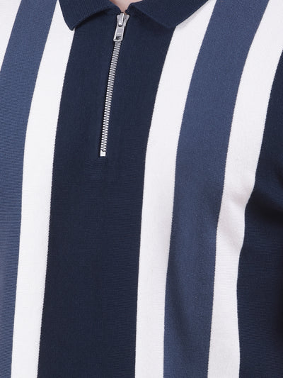 Navy Blue Vertical Stripes Polo Neck 100% Cotton T-Shirt