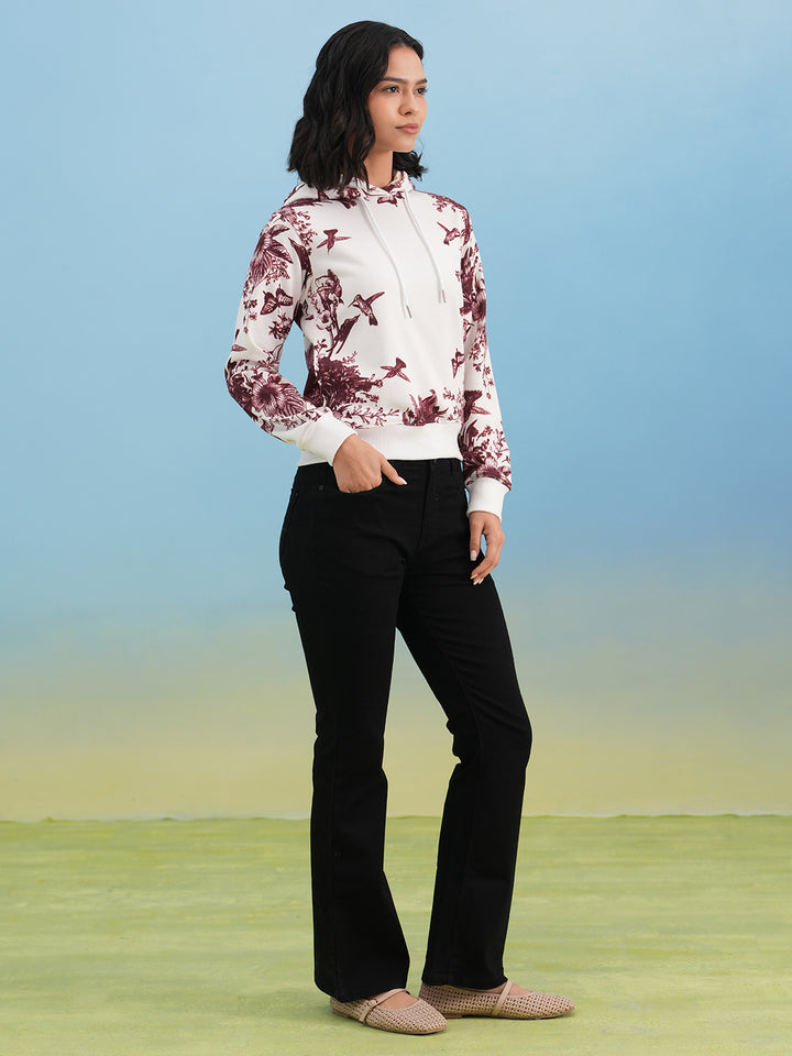 Wine Floral Print Hooded Neck Sweatshirt