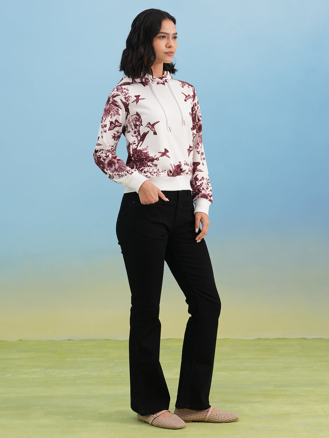 Wine Floral Print Hooded Neck Sweatshirt