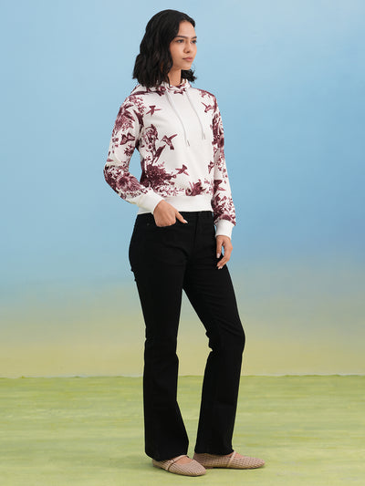 Wine Floral Print Hooded Neck Sweatshirt
