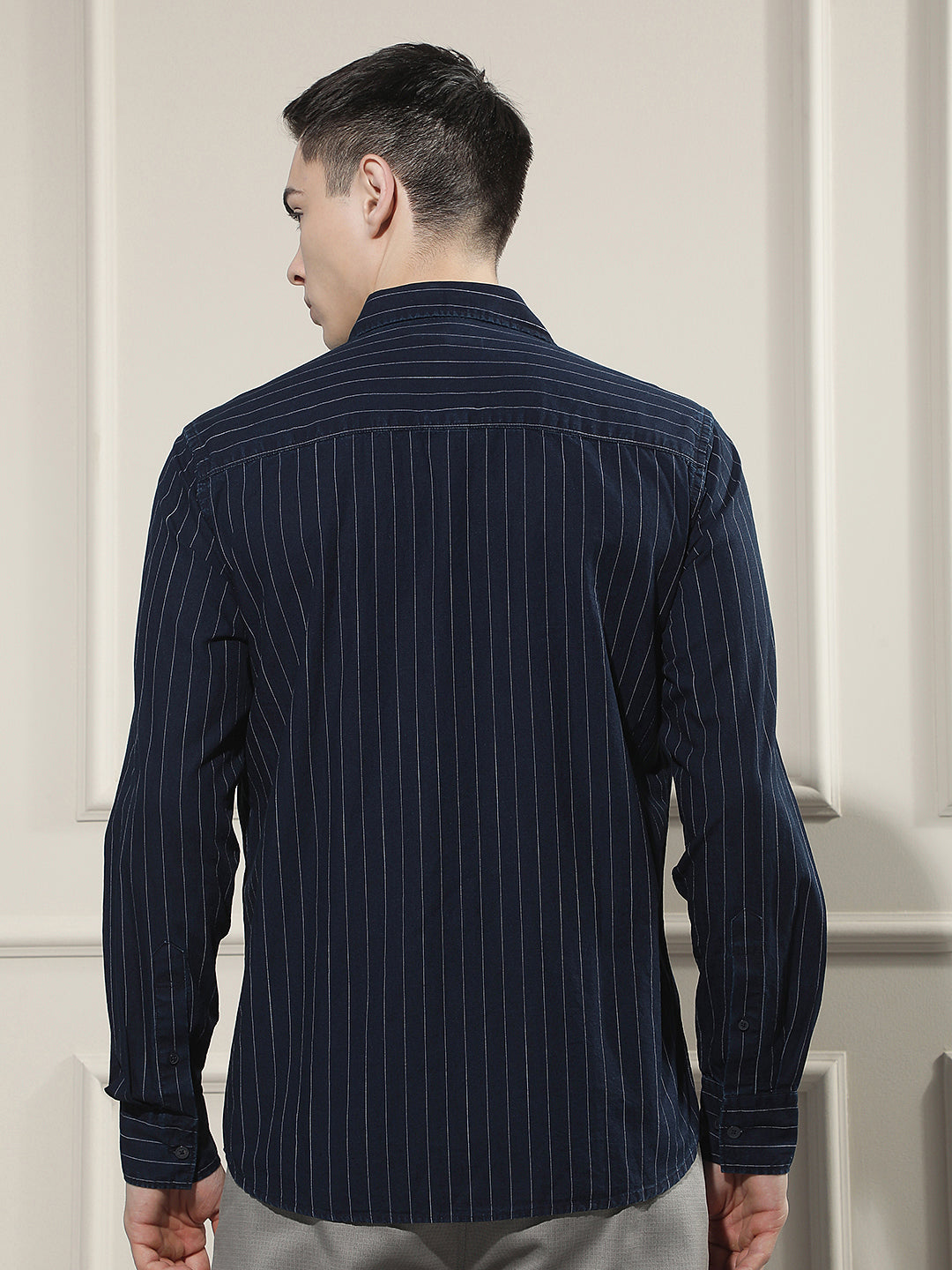 Navy Blue Vertical Stripes 100% Cotton Shirt