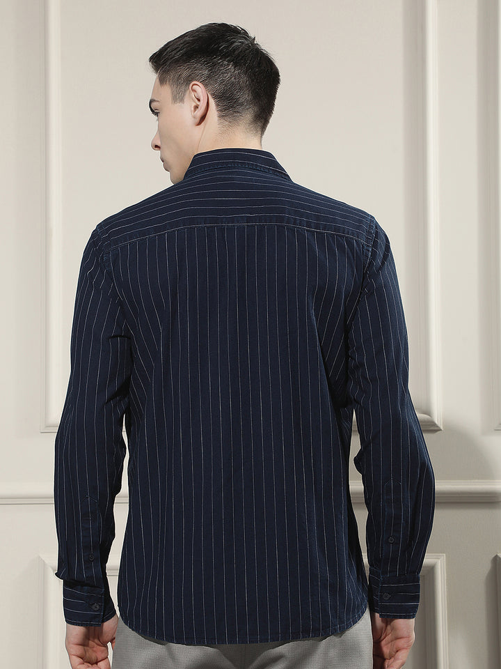 Navy Blue Vertical Stripes 100% Cotton Shirt