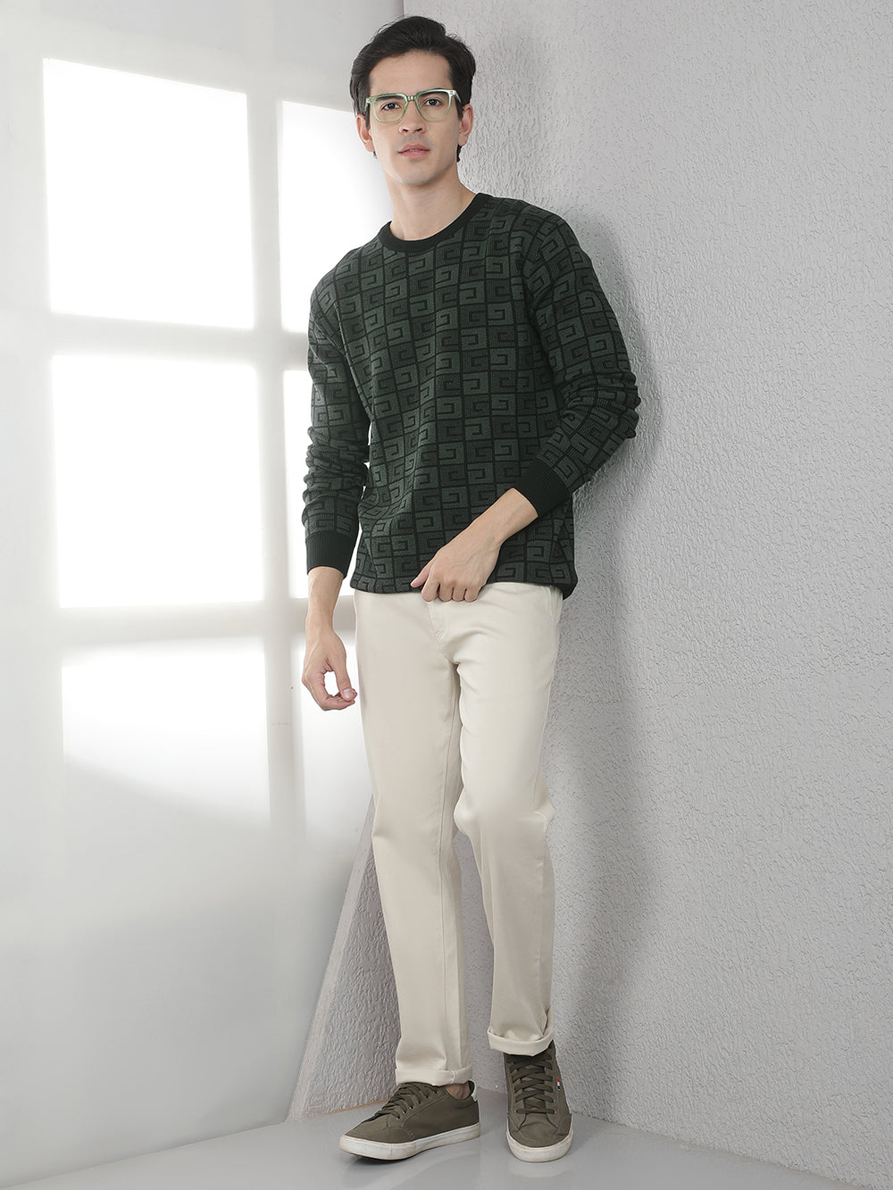 Green 100% Cotton Jacquard Round Neck Sweater