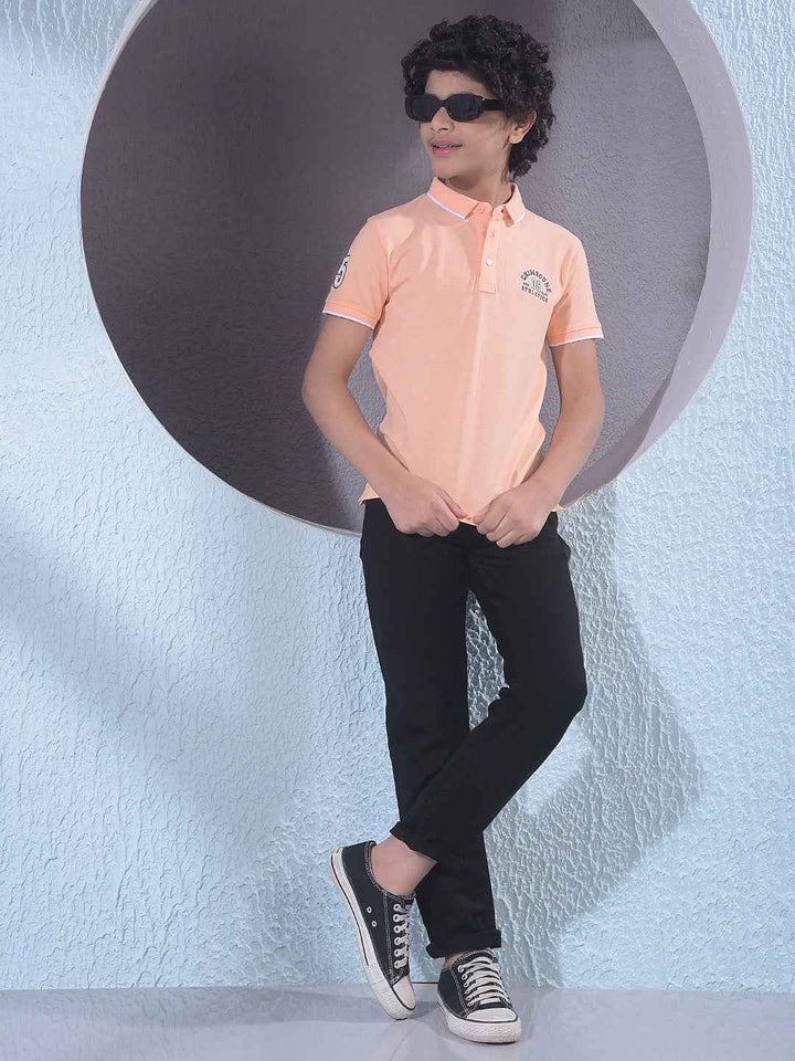 Peach Typographic Print Polo Neck T-Shirt