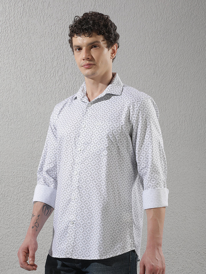 White Geometric Print Shirt