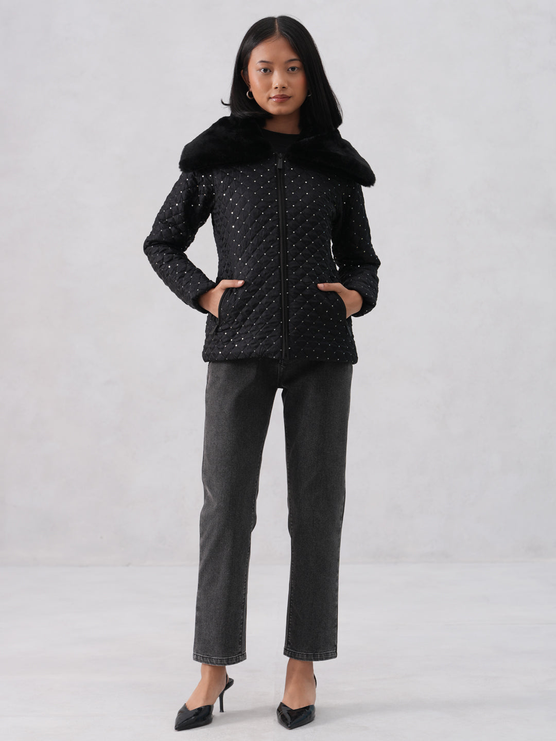 Embellished Paded Black Jacket