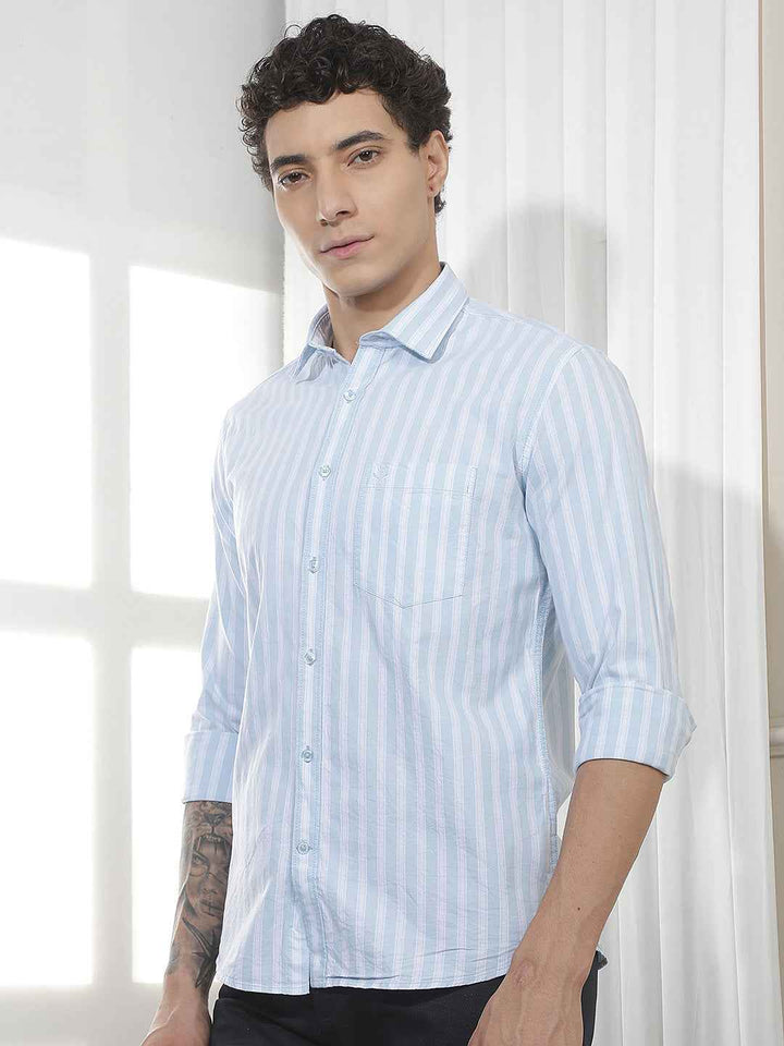 Sky Blue Vertical Striped 100% Cotton Shirt