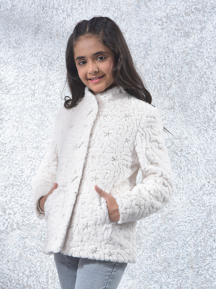 Soft White Textured Embroidered Coat