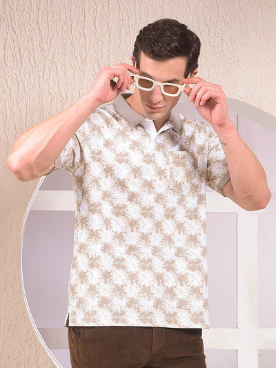 Beige Floral Print Polo Neck 100% Cotton T-Shirt