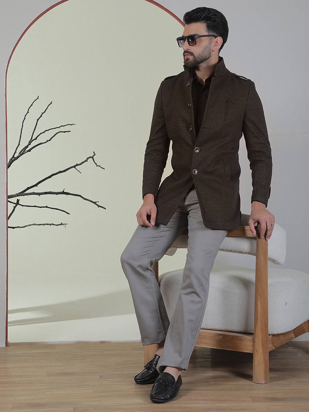 Brown Longline Stand Collar Coat