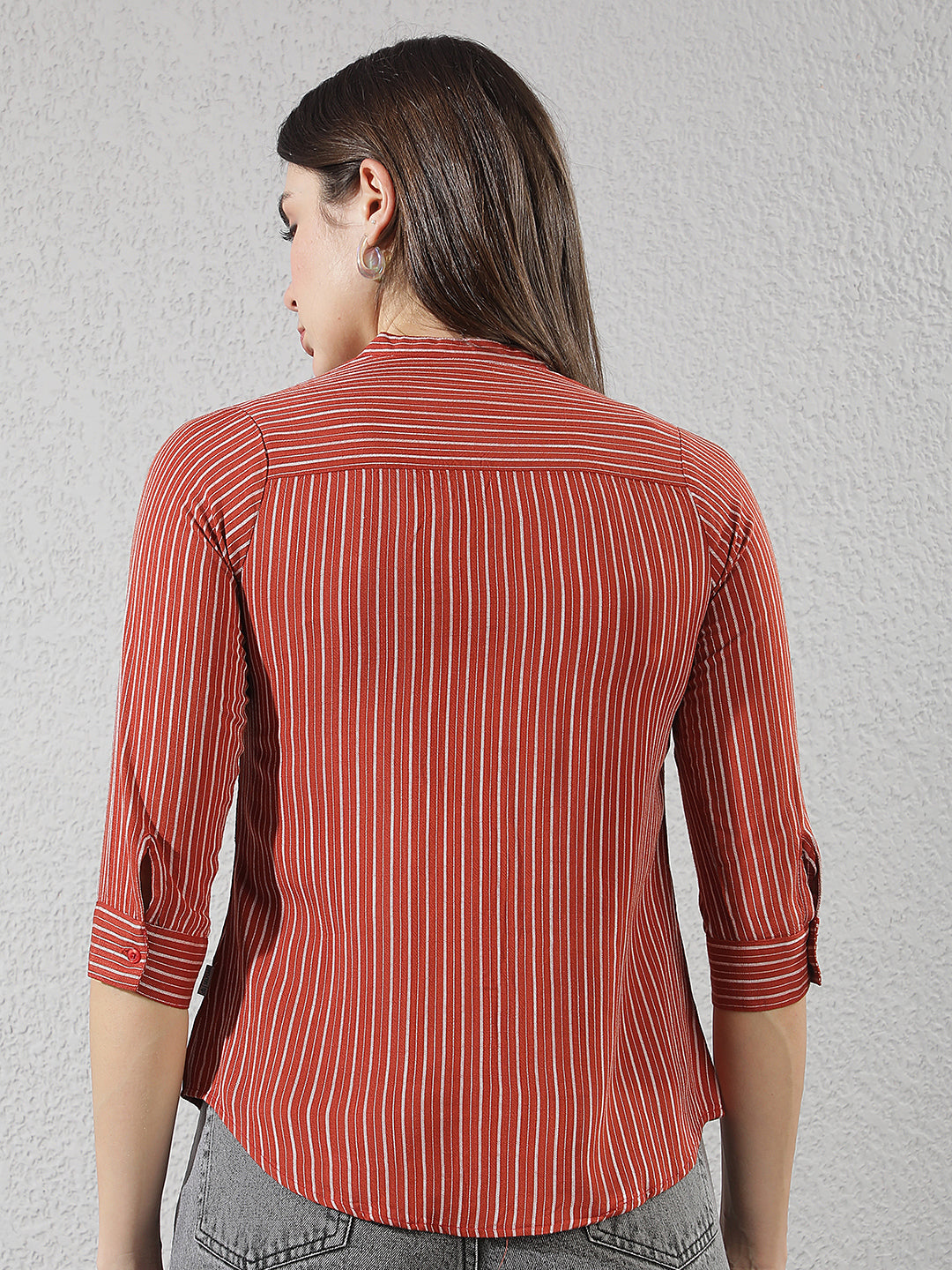 Red Vertical Striped V-Neck Shirt