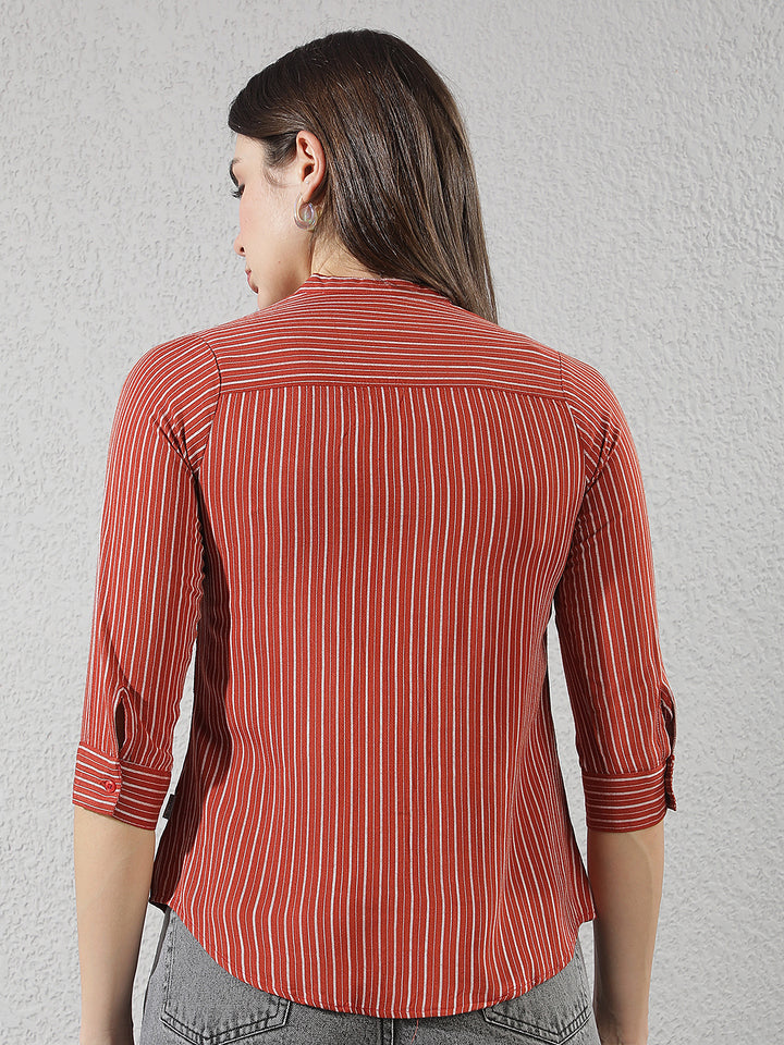 Red Vertical Striped V-Neck Shirt