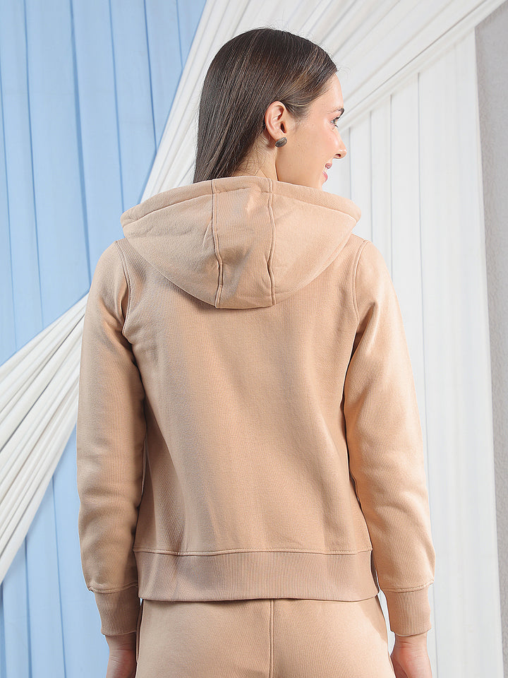 Beige Hooded Front-Open Sweatshirt