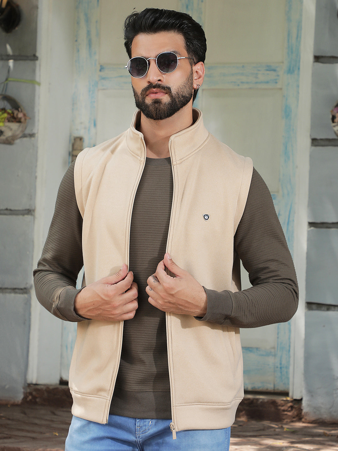 Beige High Neck Sleeveless Sweatshirt