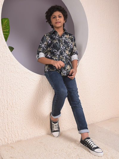 Beige Floral Print 100% Cotton Corduory Shirt